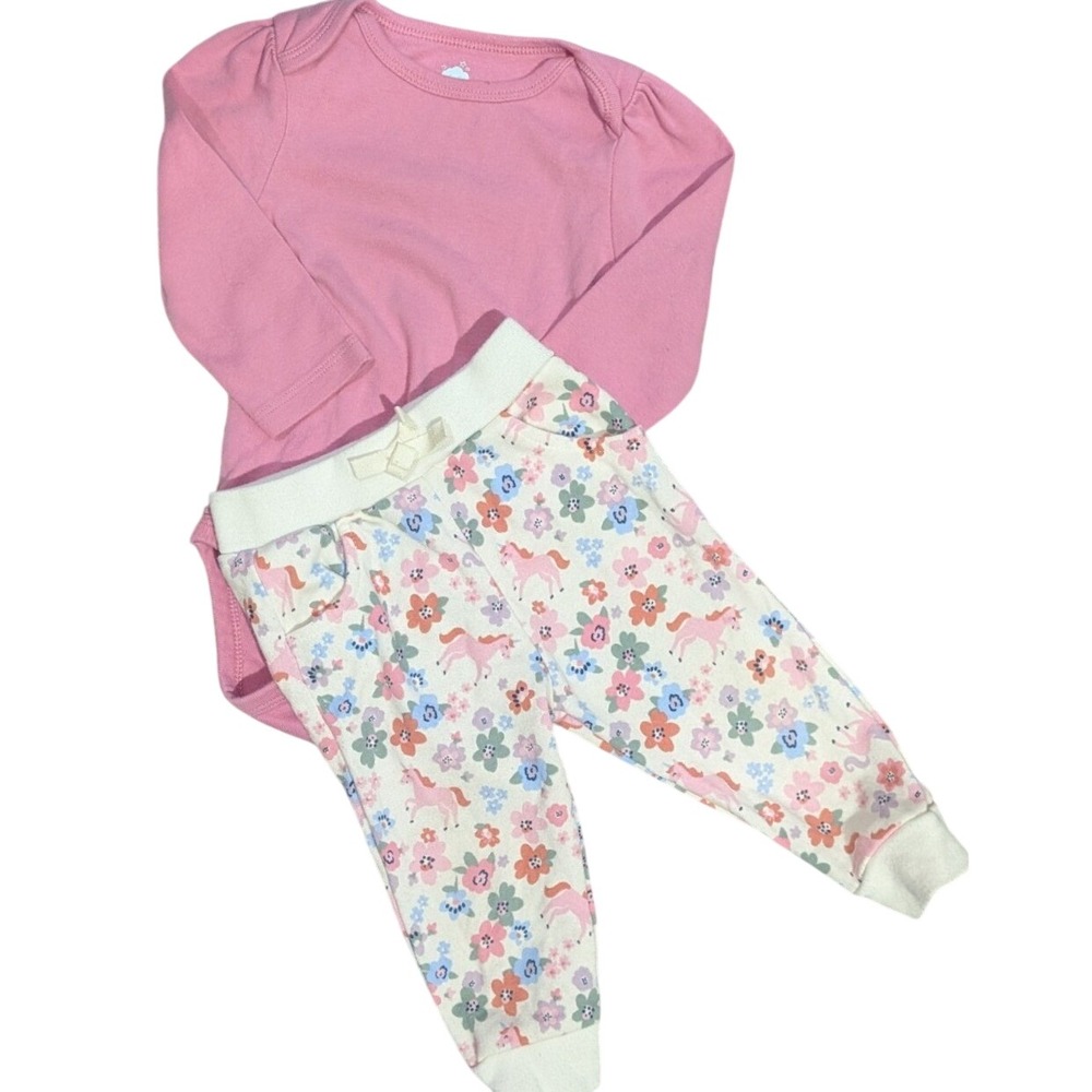 Kids Pink Long Sleeve Top and Unicorn Flower Print Pants‎ Set 12MO